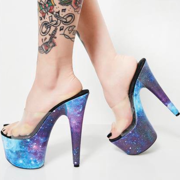 Dolls Kill Shoes - Purple Blue Galaxy Platform Space Vinyl Heels